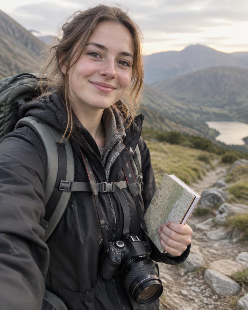 Abbie on a mountain trail with a backpack, camera and map